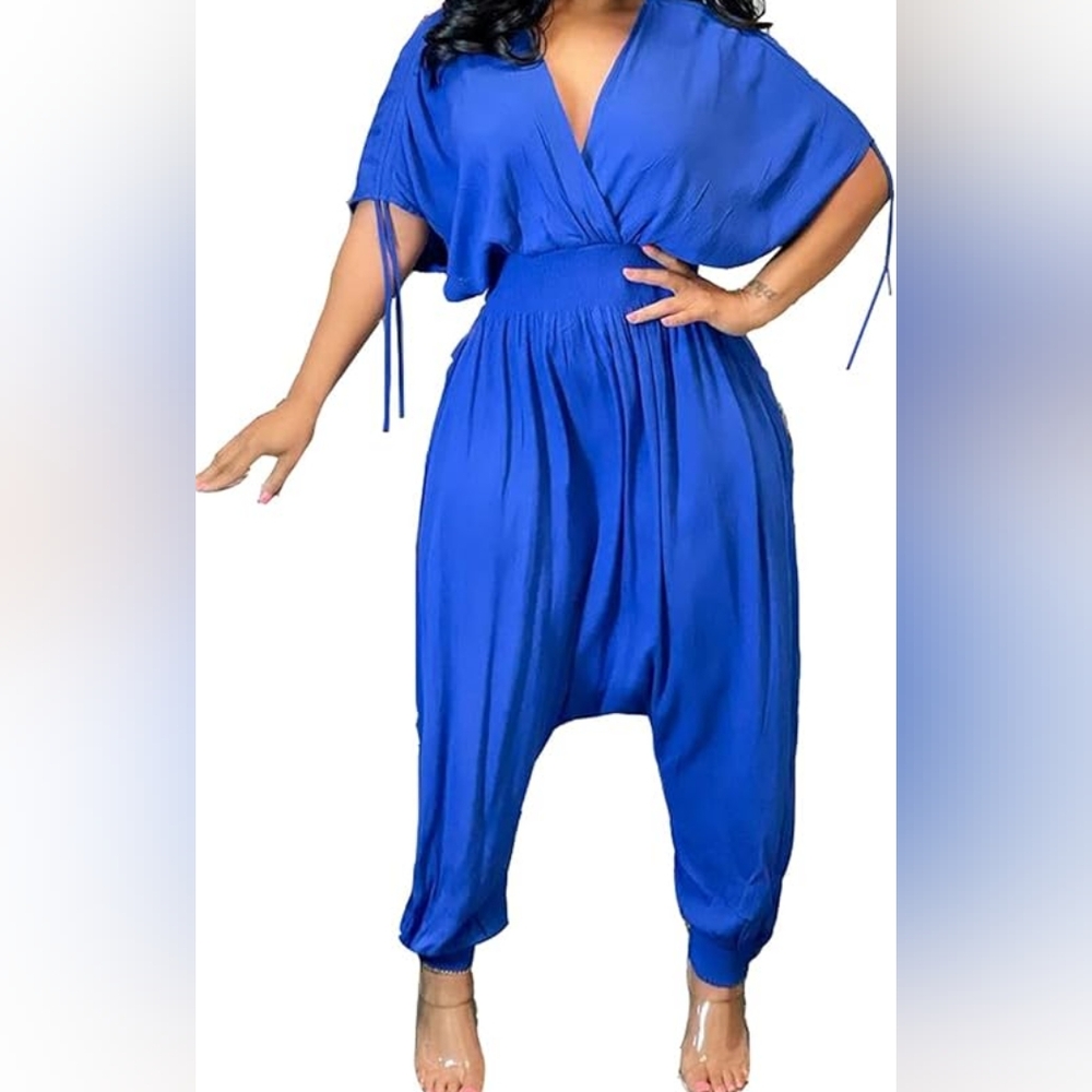 New Mode Womens Casual Loose Sleeveless Jumpsuits Harem Pants Royal Blue Size L